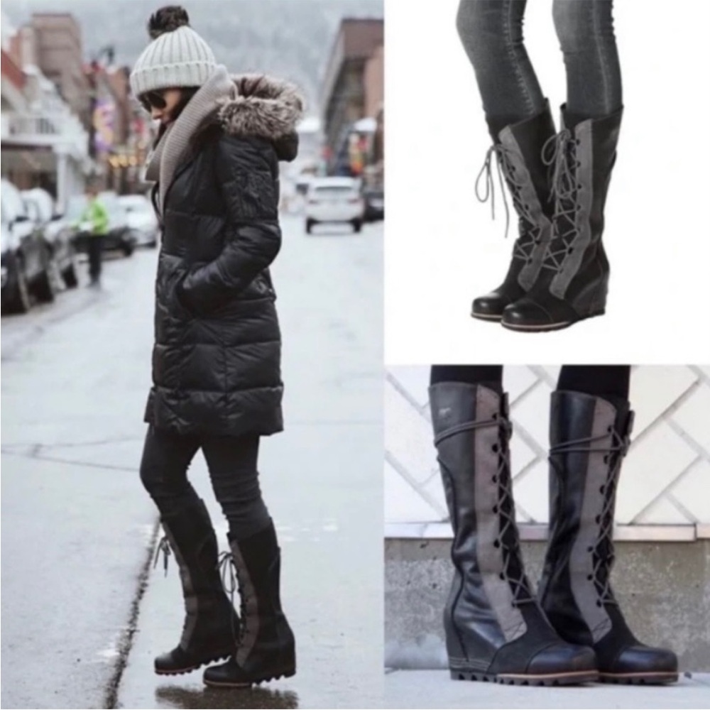 Sorel Cate the Great Wedge Lace Up Moto Rare Black Grey Gray Knee High Boots 9 - Picture 16 of 16